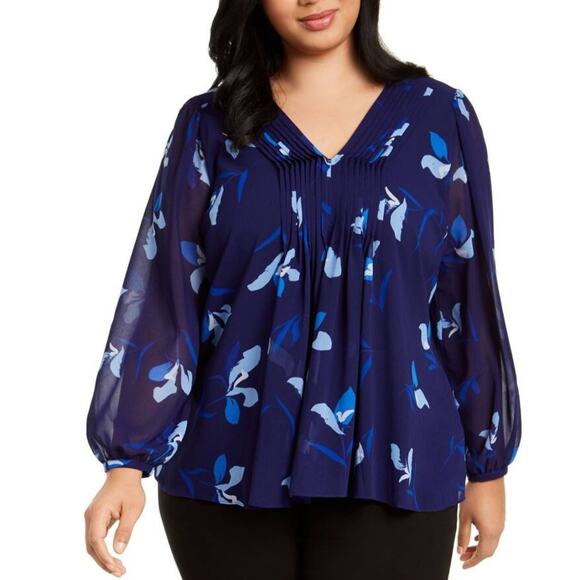 Calvin Klein Blue Floral Long Sleeve Tunic Top Size Large Blouse NEW - Picture 1 of 6